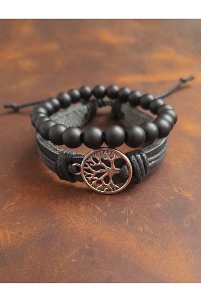 BSN Store 2-Piece Bracelet Life Tree Figured Genuine Leather Bracelet and Onyx Stone Bracelet
