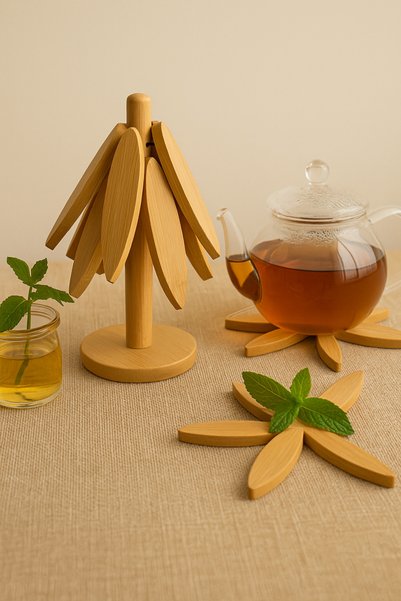Karat Home Bamboo Tree Shaped 4-Piece Coasters – Trivet, Thermal Insulated Kitchen and Presentation Accessory