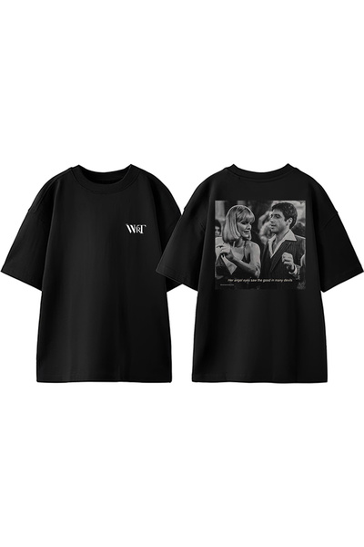 THEWERT Tricou oversize negru din bumbac imprimat pe spate Scarface 2 Design