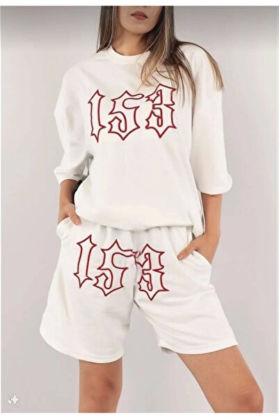 GökTR Women's Unisex Embroidered Shorts Set - White