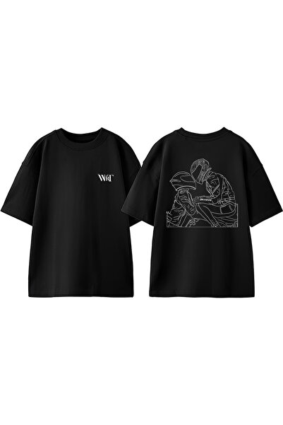 THEWERT Motorcu Sevgili Tasarım Sırt Baskılı Pamuk Siyah Oversize T-shirt