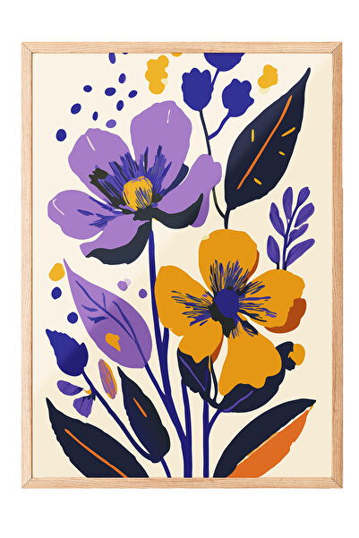 Zestia Εικονογράφηση λουλουδιών σε μωβ φόντο με ξύλινο πλαίσιο, Διακοσμητική ...
