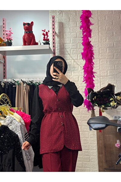 Pocket BLAZER YELEKLİ KIEMIZI TAŞLI TAKIM TESETTÜR