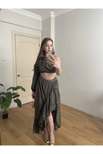 Souwe Gipe ve Lastik Detaylı Tek Omuz Haki Takım