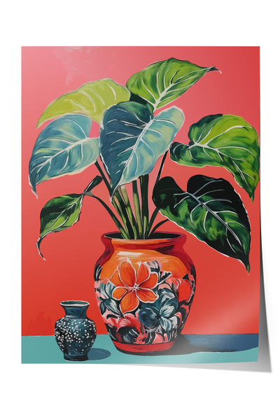 Zestia Poster fără ramă, plantă cu frunze verzi pe fundal roșu, poster decora...