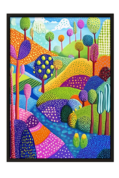 Zestia Tablou înrămat negru, copaci abstracti colorați, poster decorativ pent...