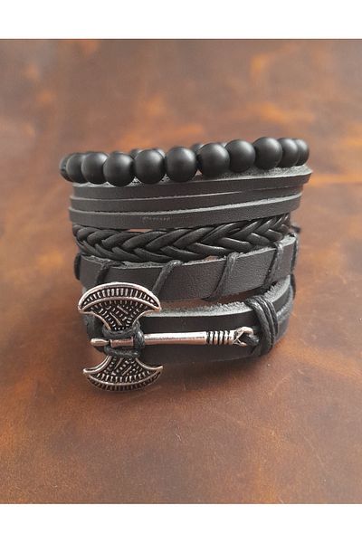 BSN Store 5-Piece Men's Bracelet Double-Sided Ax Figure Genuine Leather Bracelet Onyx Bead Bracelet