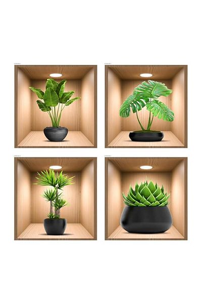 Generic iMagitek 4 Pack 3D Green Plants Wall Decals, 3D Green Pot Plant Succulent Wall Stickers for Sofa Ba