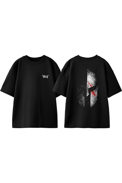 THEWERT Tricou oversize negru din bumbac cu imprimeu pe spate Spartan 9 Design
