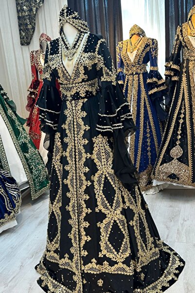 ZK ZÜMRÜT KAFTAN Siyah Altın İşlemeli Bindallı Kaftan Kına Gece Gelin Elbisesi - Taç, Kemer, Kolye, Tarlatan Seti
