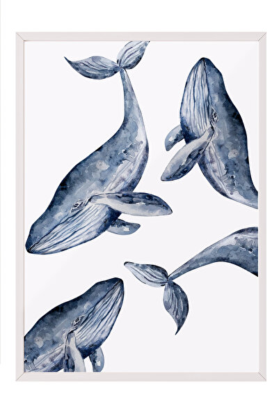 Zestia Tablou înrămat alb, ilustrație cu balene, poster decorativ pentru dorm...