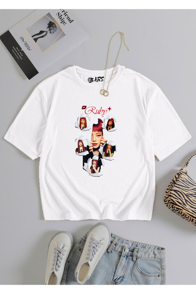 barsdepo Tricou cu imprimeu Ruby, tricou alb oversize unisex pentru copii/adulți