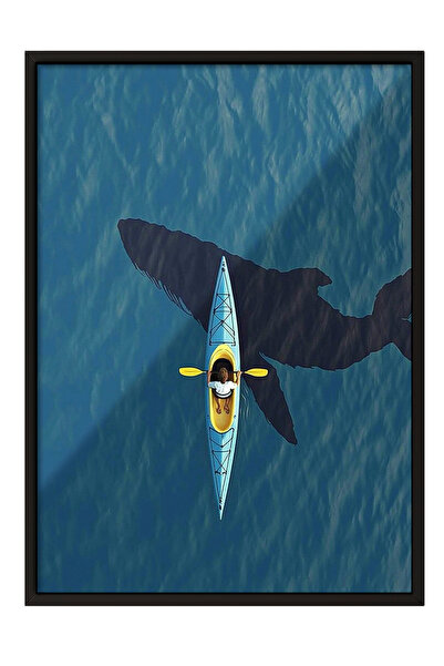 Zestia Tablou înrămat negru, o persoană care vâscoară cu vâscoare în canoe, p...