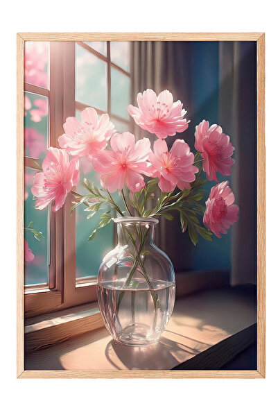 Zestia Tablou cu ramă din lemn, flori roz în vază, poster decorativ pentru su...