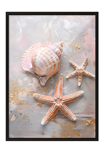 Zestia Tablou înrămat negru, cu scoici și stele, poster decorativ pentru baie...
