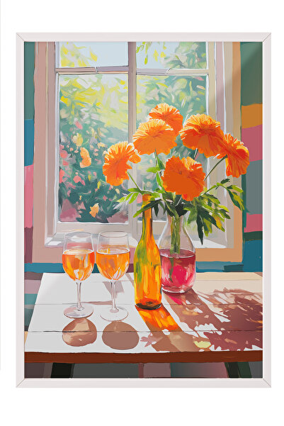 Zestia Tablou înrămat alb, peisaj cu crizanteme prin fereastră, poster decora...