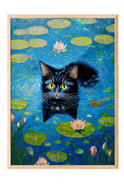 Zestia Tablou cu ramă din lemn, frunze de lotus și pisică, poster decorativ p...