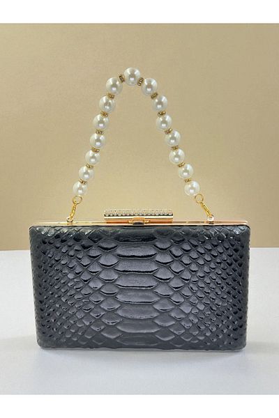 Biçanta Black Color Anaconda Patterned Matte Stylish and Luxurious Women's Evening Dress Bag Wedding Engagement