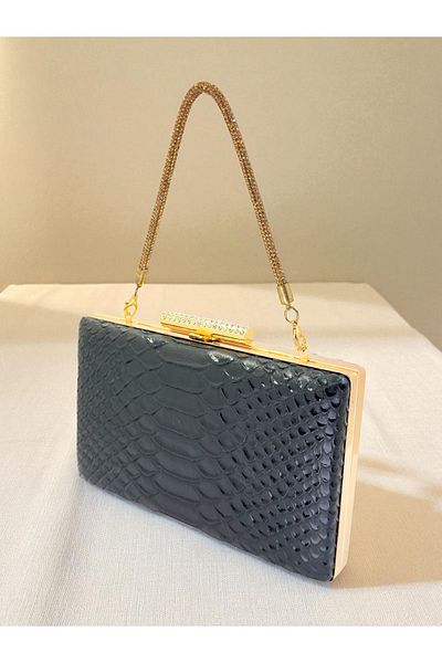Biçanta Black Color Anaconda Patterned Matte Stylish and Luxurious Women's Evening Dress Bag Wedding Engagement