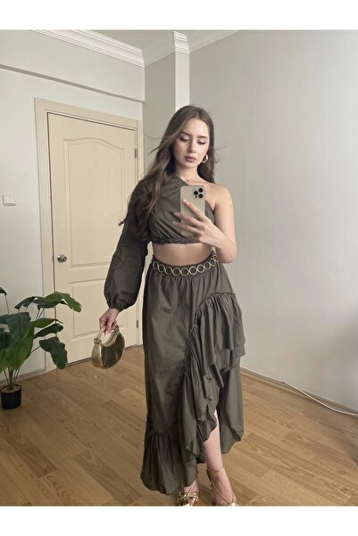 Souwe Gipe ve Lastik Detaylı Tek Omuz Haki Takım