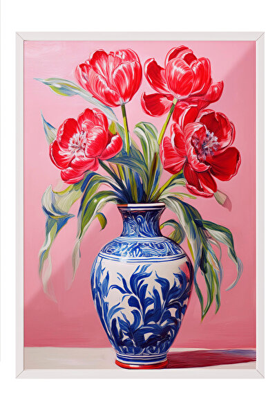 Zestia Tablou înrămat alb, Lalele roșii în vază, Poster decorativ pentru sufr...