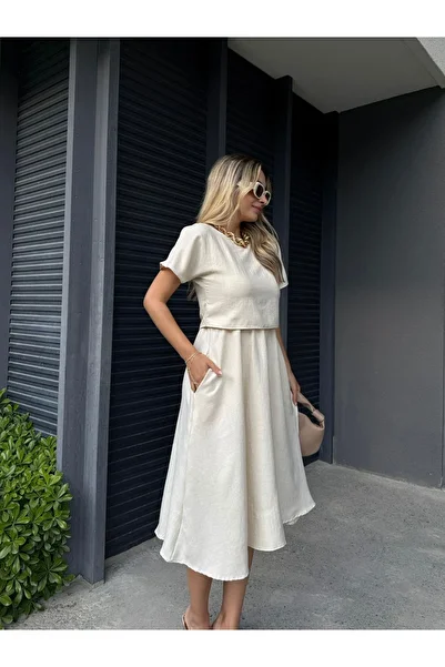 Afiş Butik Stone Color Blouse Skirt Look Linen Dress with Pockets