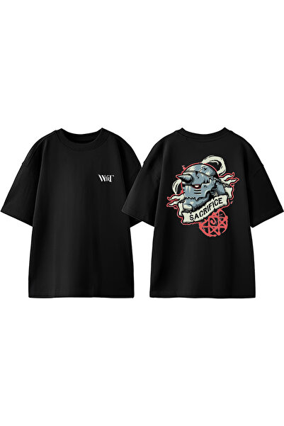 THEWERT Tricou oversize negru din bumbac imprimat pe spate Sacrifice Design