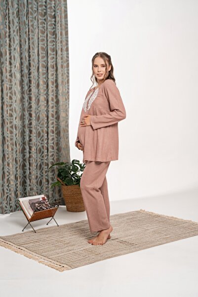 Genel Markalar Kiremit Petek Örgü Dantelli Kışlık Pamuklu Lohusa Hamile 3'lü Sabahlık Pijama Set