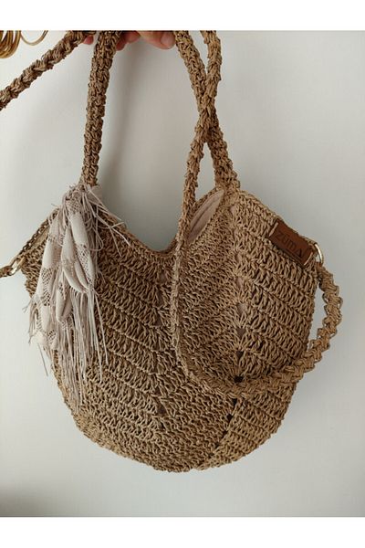 zümal tekstil tasarım Design Hand Knitted Paper Rope Scarf Detailed Women's Shoulder and Hand Bag (Medium Size)