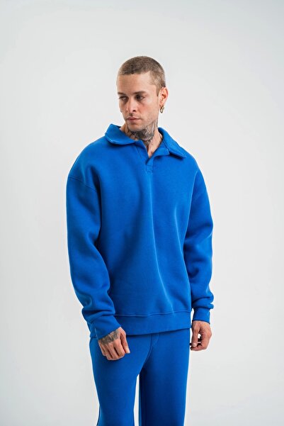 MODA Unisex Double Oversize Placket Collar Sweatshirt - Blue