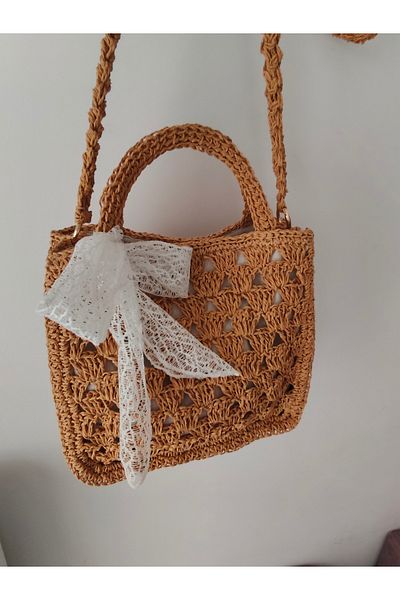 zümal tekstil tasarım Design Hand Knitted Paper Rope Scarf Detailed Women's Shoulder and Hand Bag (Medium Size)