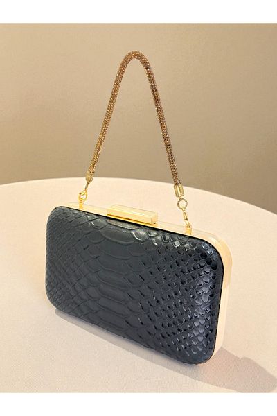 Biçanta Black Color Anaconda Patterned Matte Stylish and Luxurious Women's Evening Dress Bag Wedding Engagement
