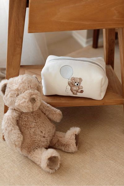 LYIA Teddy Bear Embroidered Makeup Bag/Baby Care Bag 100% Cotton - 1 Medium Size