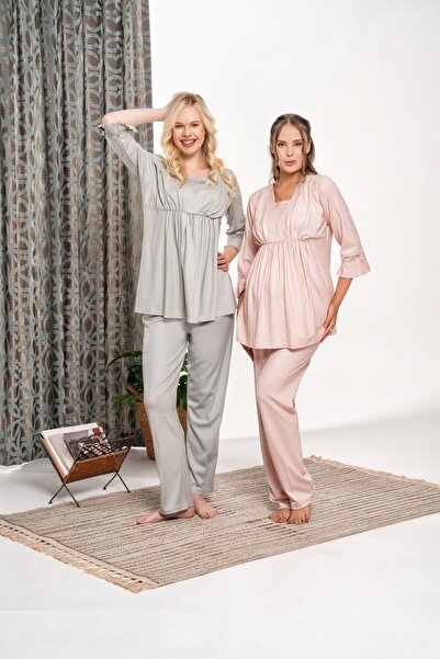 BLACKMORE Green Flannel Plaid Lace Detailed Winter Long Sleeve Maternity Maternity 3-Piece Dressing Gown Pajama Set