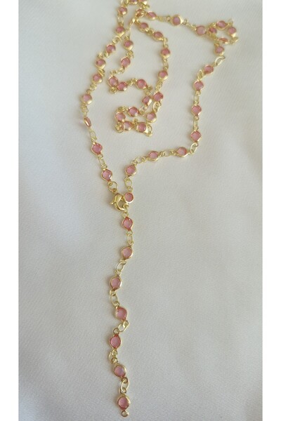 MİLUNXTE Y Kolye - Luxury Y Kolye - Pembe Ve Şeffaf Renk Taş Seçenekli ( 66 cm)