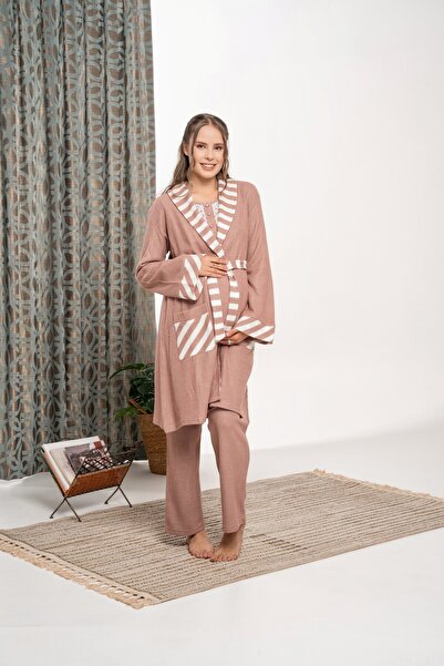 Genel Markalar Kiremit Petek Örgü Dantelli Kışlık Pamuklu Lohusa Hamile 3'lü Sabahlık Pijama Set