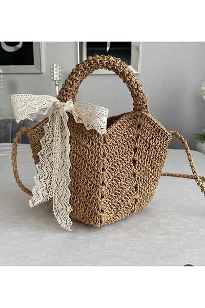 zümal tekstil tasarım Design Hand Knitted Paper Rope Scarf Detailed Women's Shoulder and Hand Bag (Medium Size)