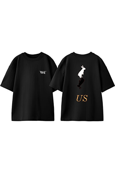 THEWERT Μαύρο μπλουζάκι με στάμπα από βαμβακερό σχέδιο Us Rabbit