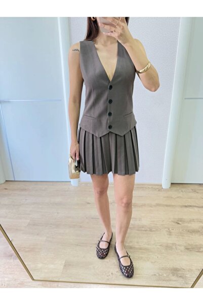 ELLA Linen Suit Look Mini Dress with Button Detail Vest - Claret Red