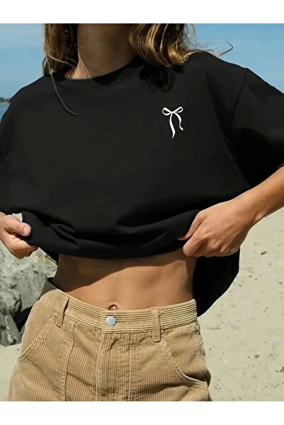 fourblack Tricou de damă cu fundă, imprimat față și spate, negru, supradimens...