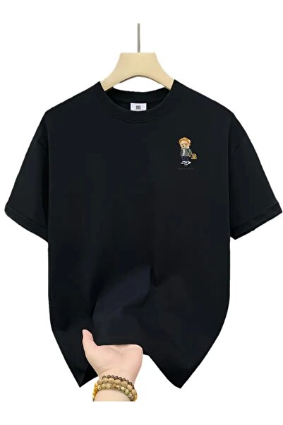 Exbob 20/1 Combed Compack Bear with Glasses Printed Oversize Crew Neck Men's T-Shirt - Black