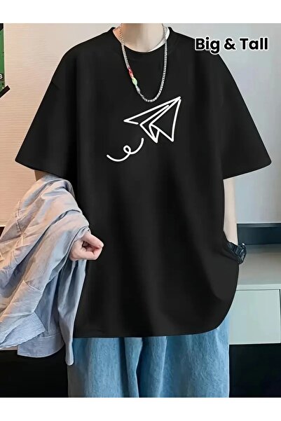 GökTR 20/1 Combed Compack Airplane Printed Oversize Crew Neck Short Sleeve T-Shirt - Black