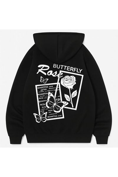 CLASSY.MODA Hooded Oversize 3 Thread Butterfly and Rose Printed Sweatshirt