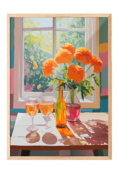 Zestia Tablou cu ramă din lemn, peisaj cu crizanteme prin fereastră, poster d...