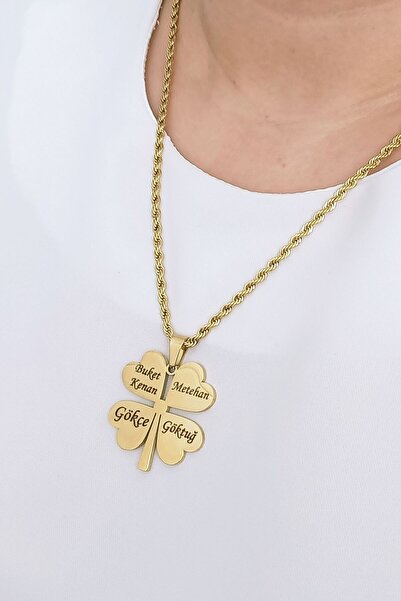 Sahi Aksesuar İsme Özel Dört İsimli Tarihli Dört Yapraklı Yonca Kolye - TYBEZYI1755