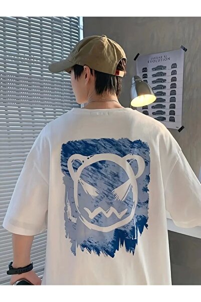 fourblack 20/1 combed cotton compack crewneck korean style cute bear print short sleeve men's t-shirt - white