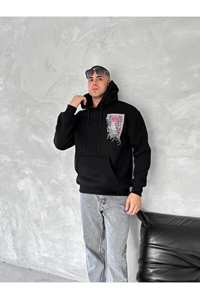 GökTR Hanorac cu mânecă lungă cu glugă imprimat față și spate - negru