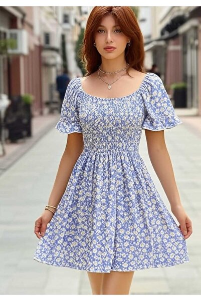 Modabenna Баллон Карпуз рука Midi Bürümcük Сукня Принцеса Квадратний комір Низькі плечі Ромашка Квітковий візерунок Gipeli