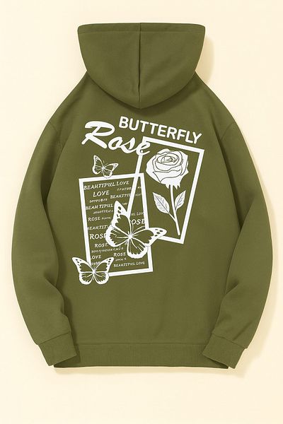 CLASSY.MODA Hooded Oversize 3 Thread Butterfly and Rose Printed Sweatshirt
