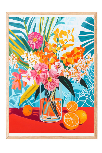 Zestia Tablou cu ramă din lemn, model floral cu fructe tropicale, poster deco...